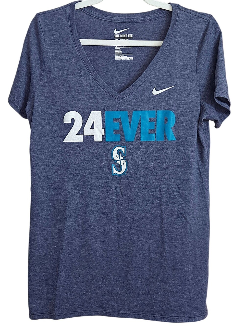 Nike Seattle Mariners Heather Blue V Neck Compass Logo Short Sleeve Tee Large